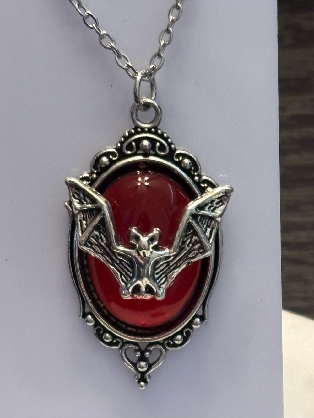 Silver Tone Bat Pendant Necklace, Red Cabochon, Ornate Oval Frame, Vampire Bat C